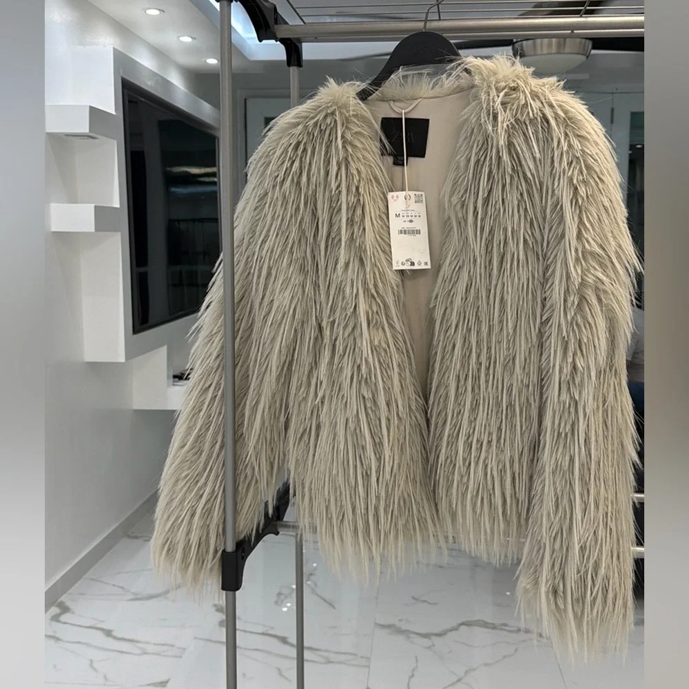 Zara faux fur coat, light grey - Picture 13 of 14